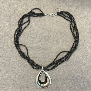 Vintage 5 Strand Black Beaded Necklace With Silvertone Pendant
